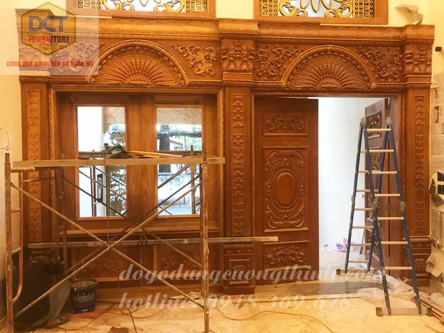 Bộ cửa cổ điển gỗ gõ đỏ cao cấp CC58GD